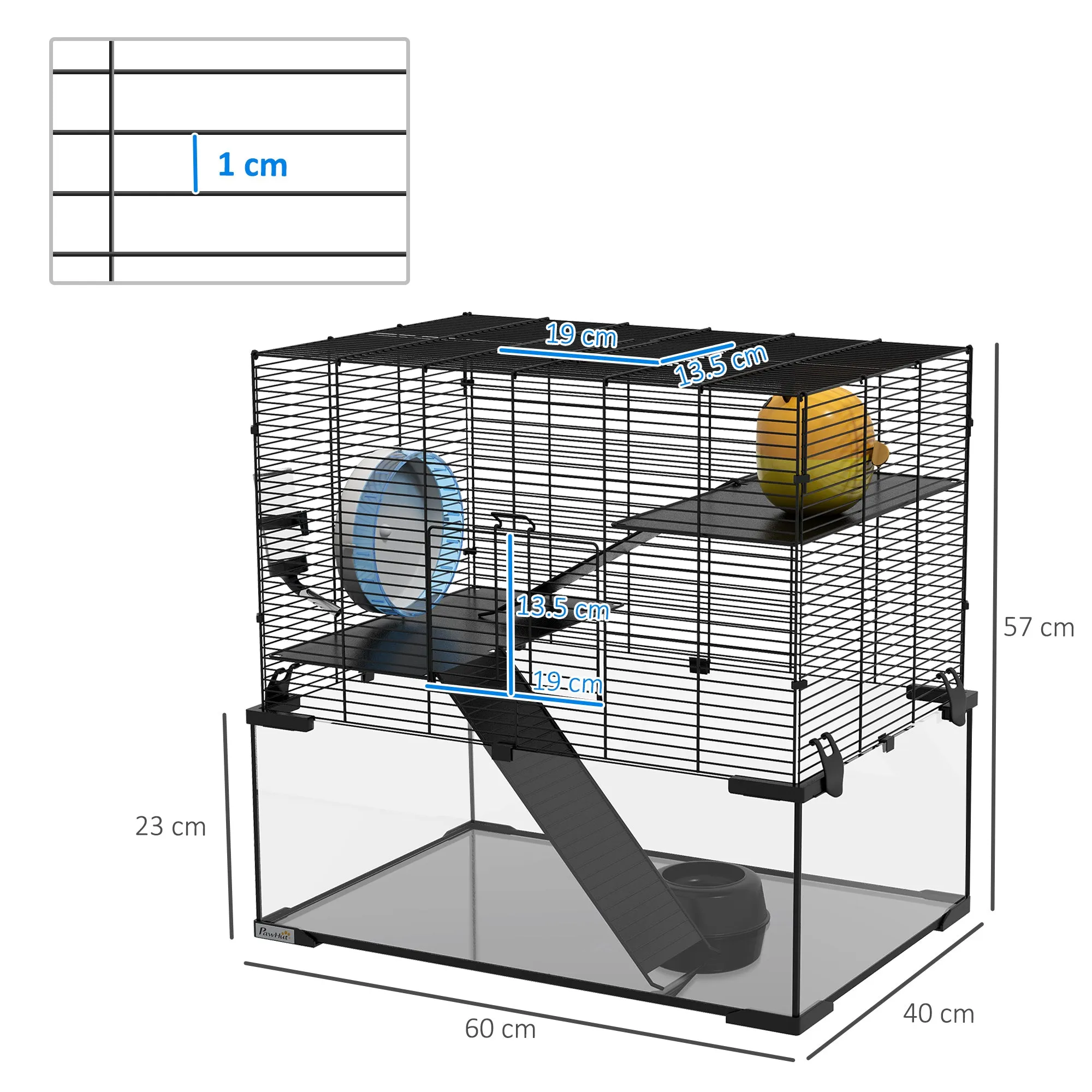 PawHut 3 Tiers Hamster Cage w/ Deep Glass Bottom, Dish, Hut, 60 x 40 x 57cm