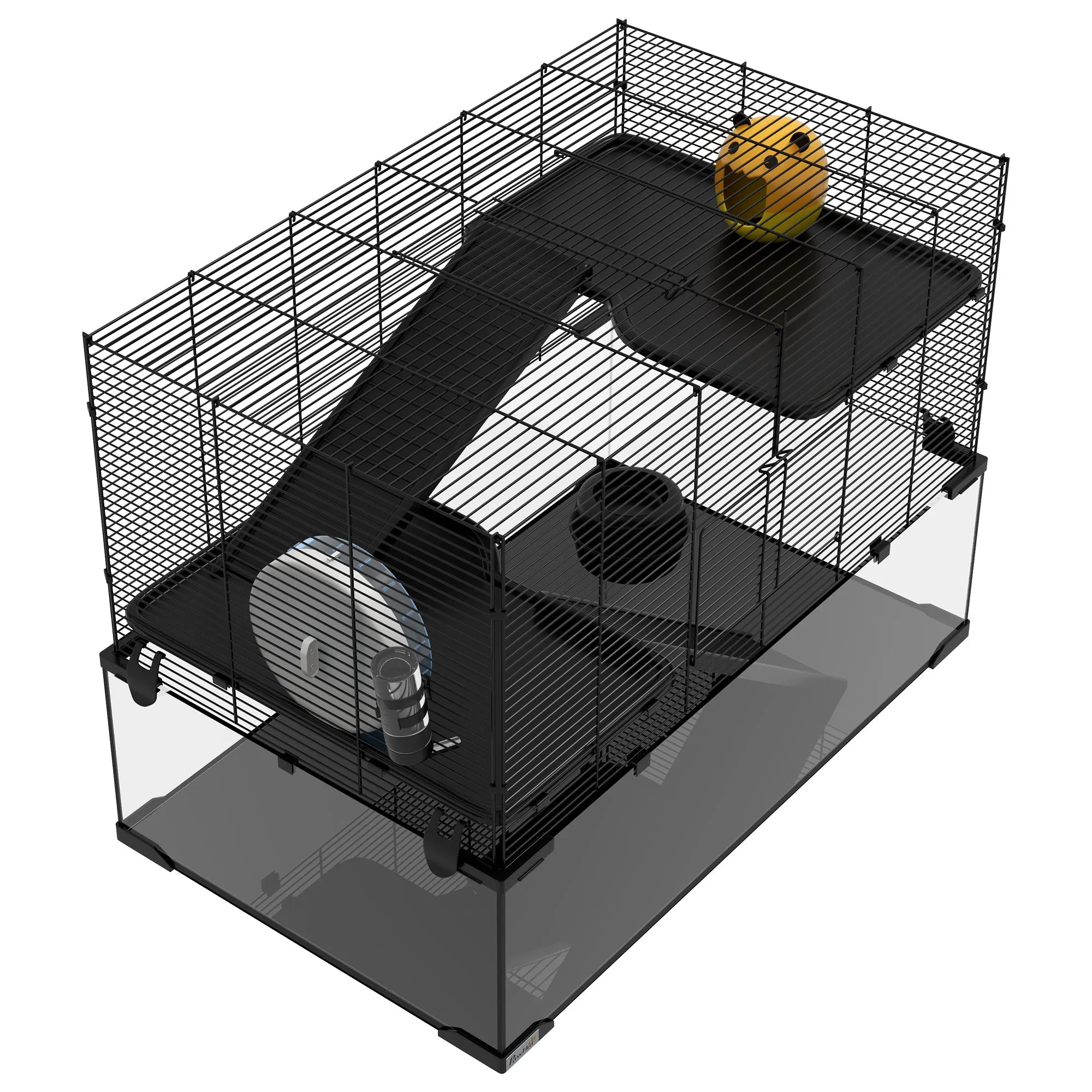 PawHut 3 Tiers Hamster Cage w/ Deep Glass Bottom, Dish, Hut, 78.5 x 48.5 x 57cm