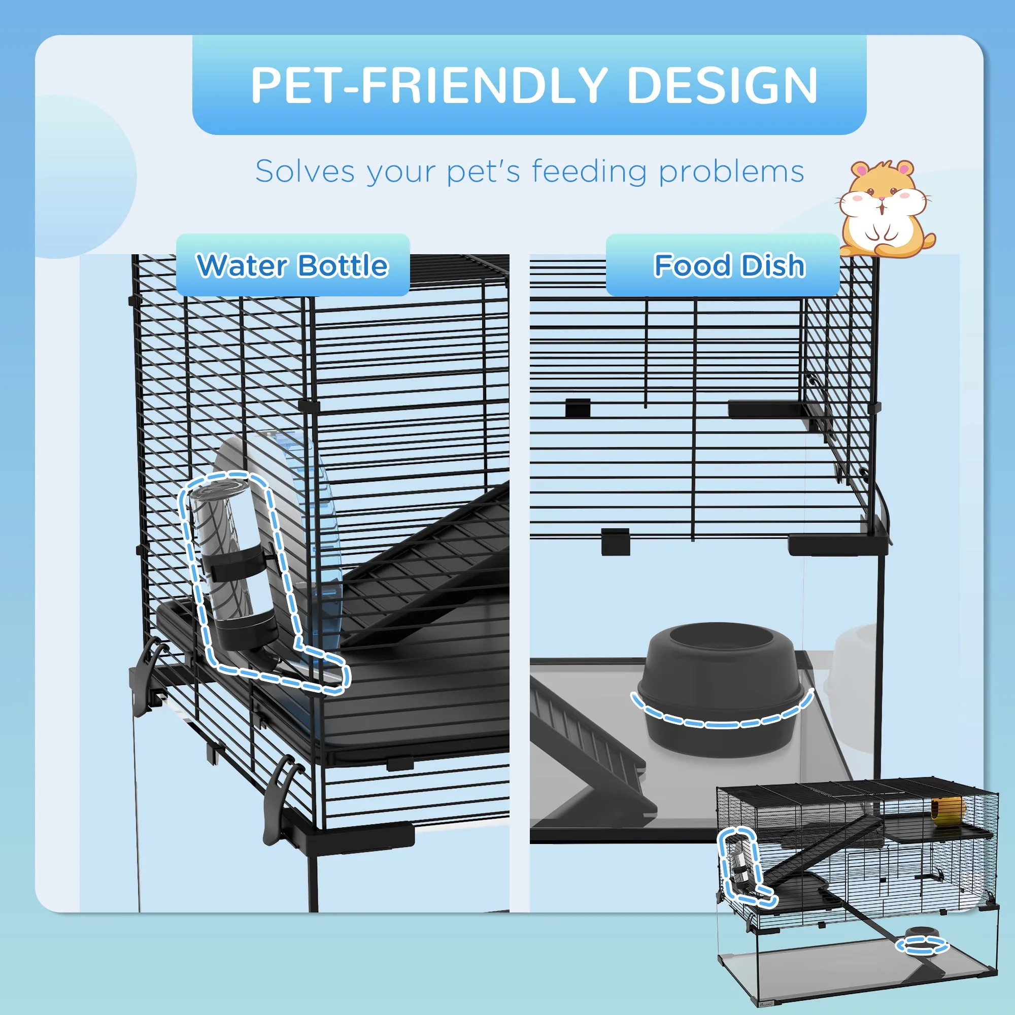 PawHut 3 Tiers Hamster Cage w/ Deep Glass Bottom, Dish, Hut, 78.5 x 48.5 x 57cm