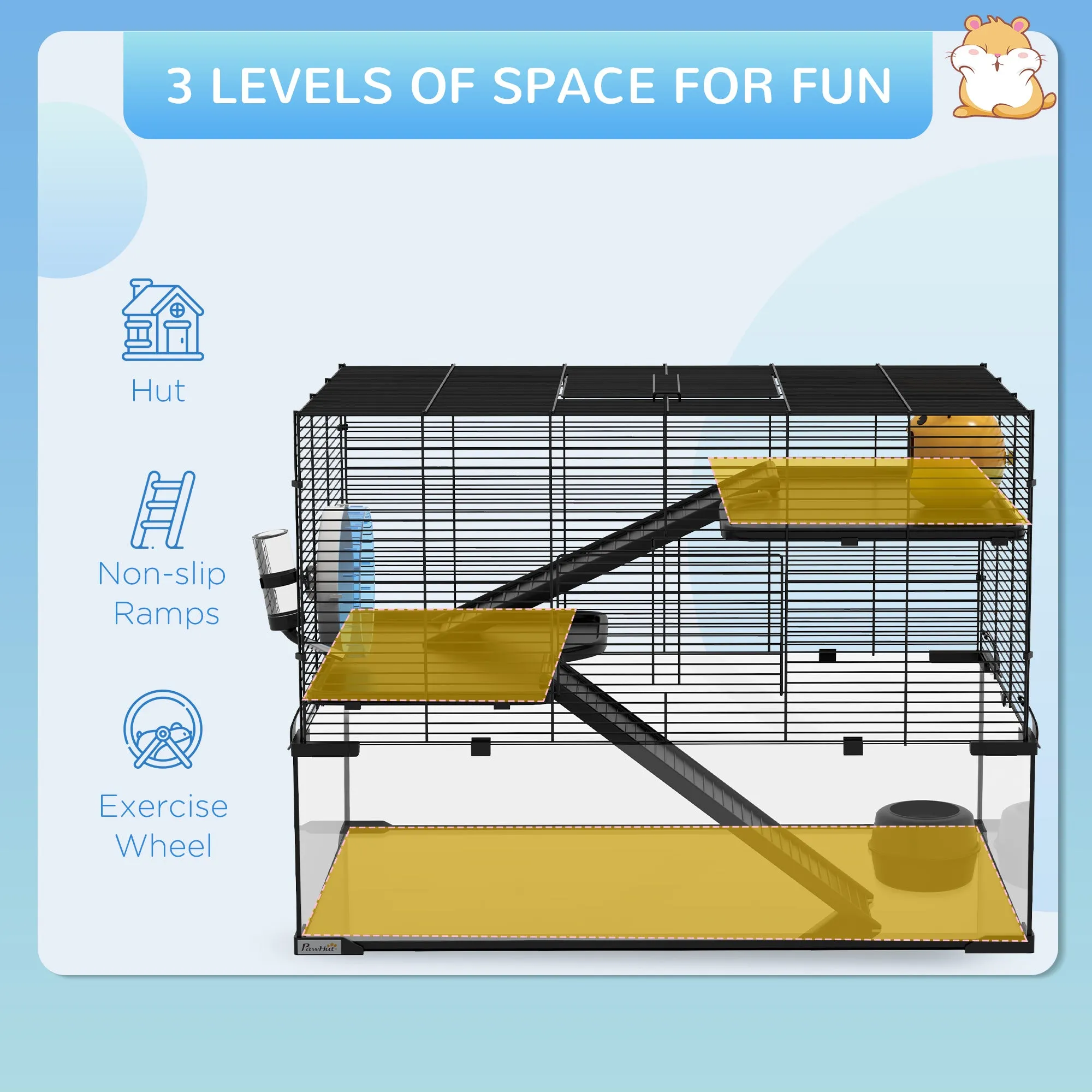 PawHut 3 Tiers Hamster Cage w/ Deep Glass Bottom, Dish, Hut, 78.5 x 48.5 x 57cm