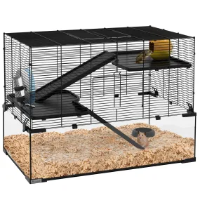 PawHut 3 Tiers Hamster Cage w/ Deep Glass Bottom, Dish, Hut, 78.5 x 48.5 x 57cm