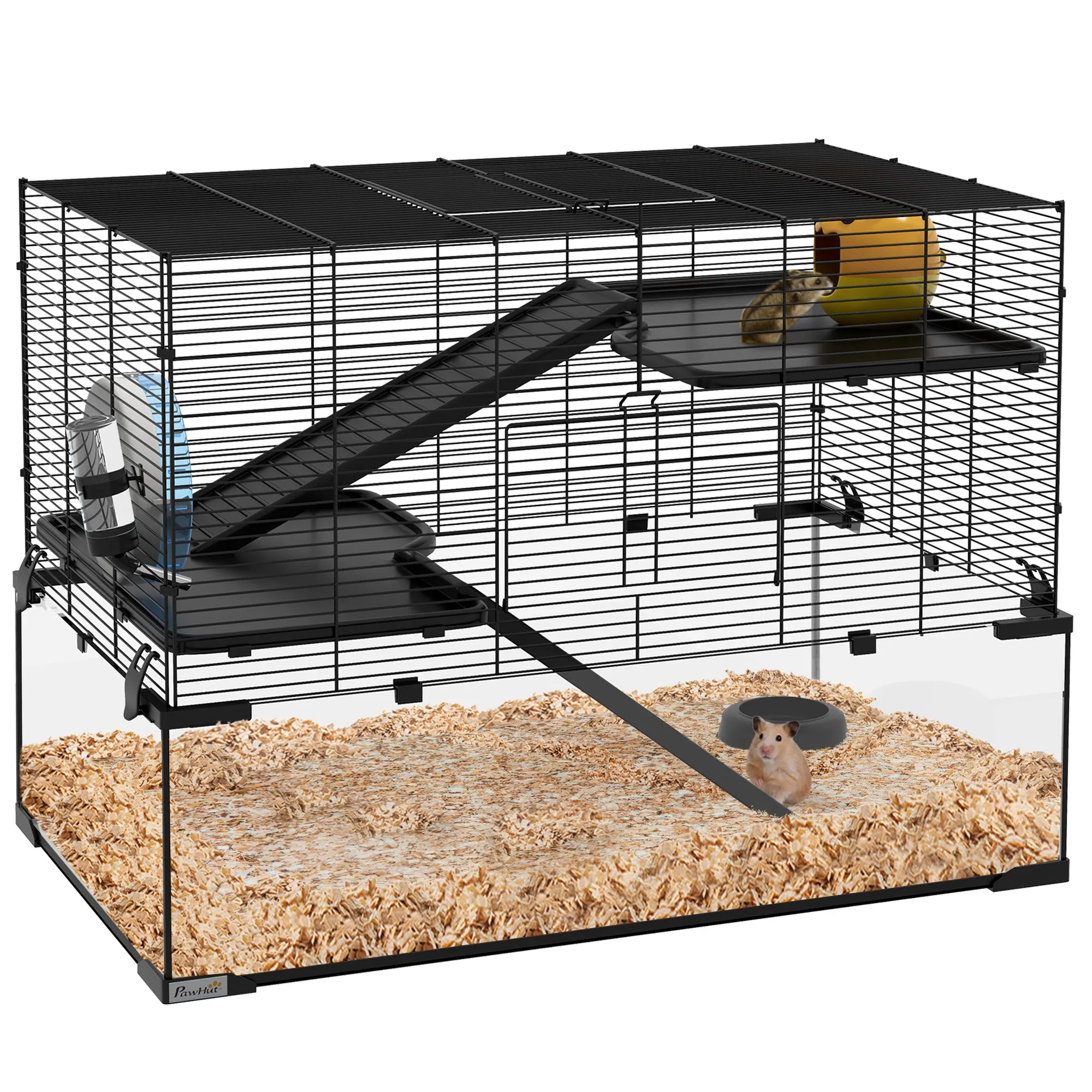 PawHut 3 Tiers Hamster Cage w/ Deep Glass Bottom, Dish, Hut, 78.5 x 48.5 x 57cm