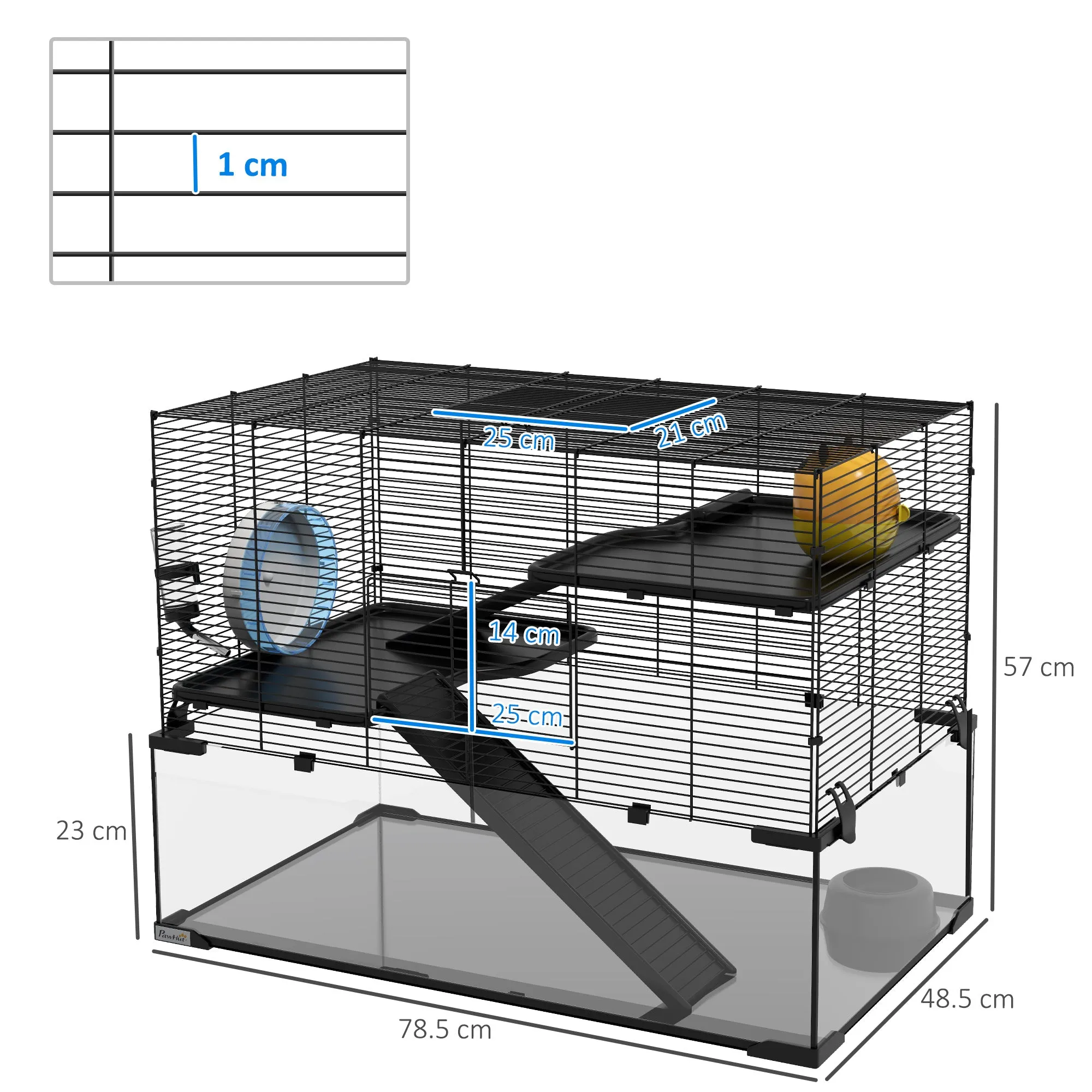 PawHut 3 Tiers Hamster Cage w/ Deep Glass Bottom, Dish, Hut, 78.5 x 48.5 x 57cm