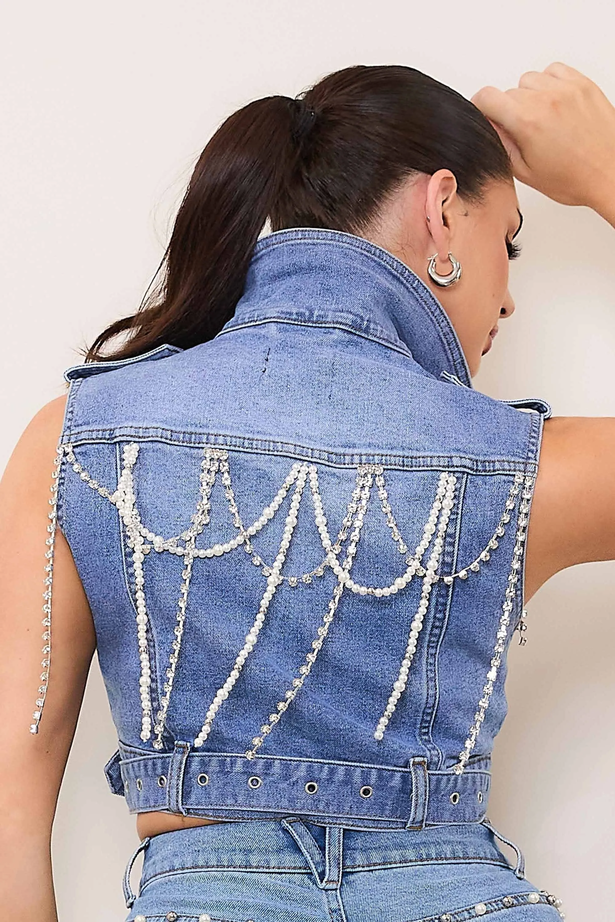 Pearl & Rhinestone Sleeve-less Trucker Jacket