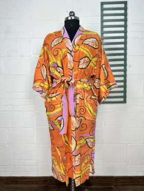 Recycled Pure Cotton Vintage Kimono Open Jacket Boho Summer TieDye House Robe, Beach Coverup | Orange Yellow Leaf Style Print