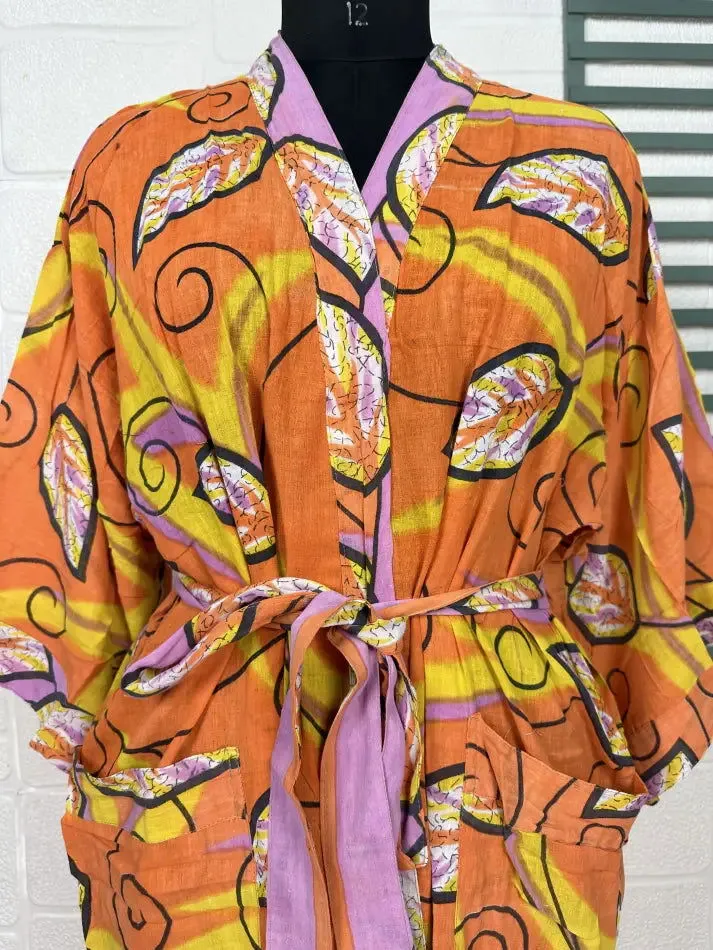 Recycled Pure Cotton Vintage Kimono Open Jacket Boho Summer TieDye House Robe, Beach Coverup | Orange Yellow Leaf Style Print