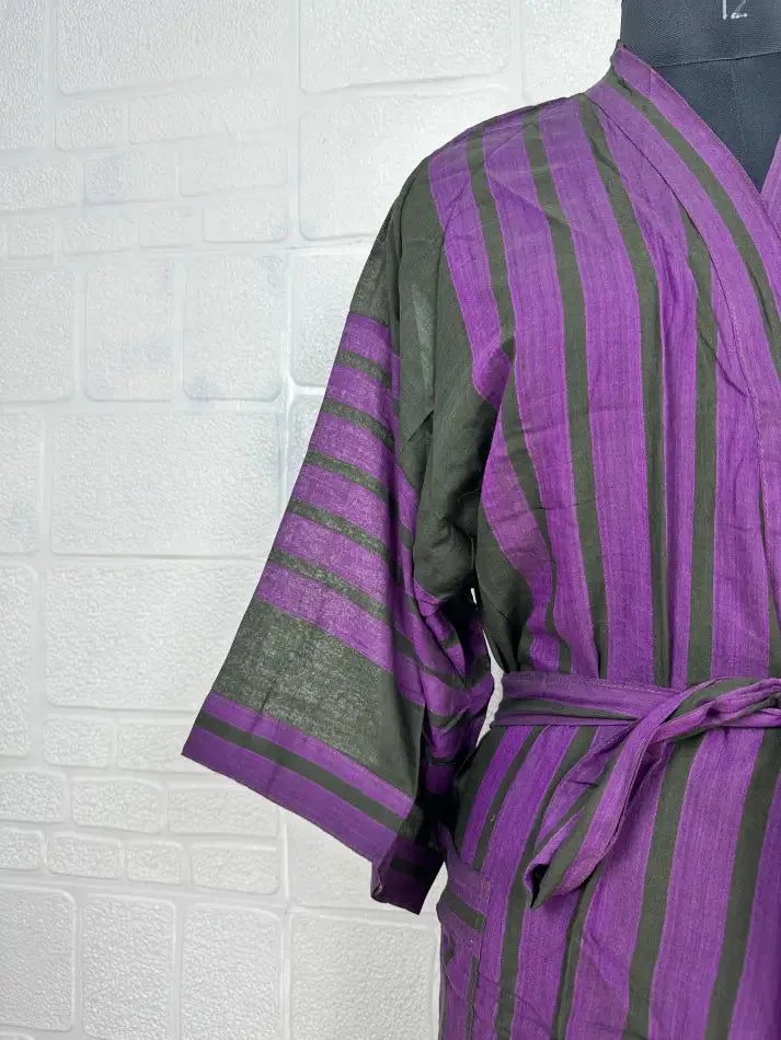 Recycled Pure Cotton Vintage Kimono Open Jacket Boho Summer TieDye House Robe, Beach Coverup | Purple Black