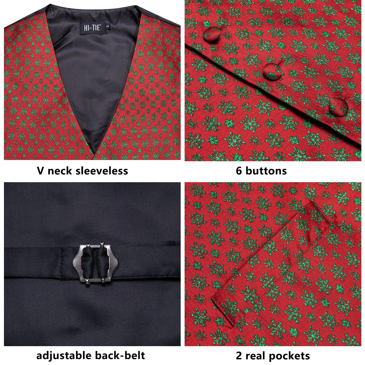 Red Green SnowFlake Novelty Jacquard Silk Men's Vest Hanky Cufflinks Tie Set