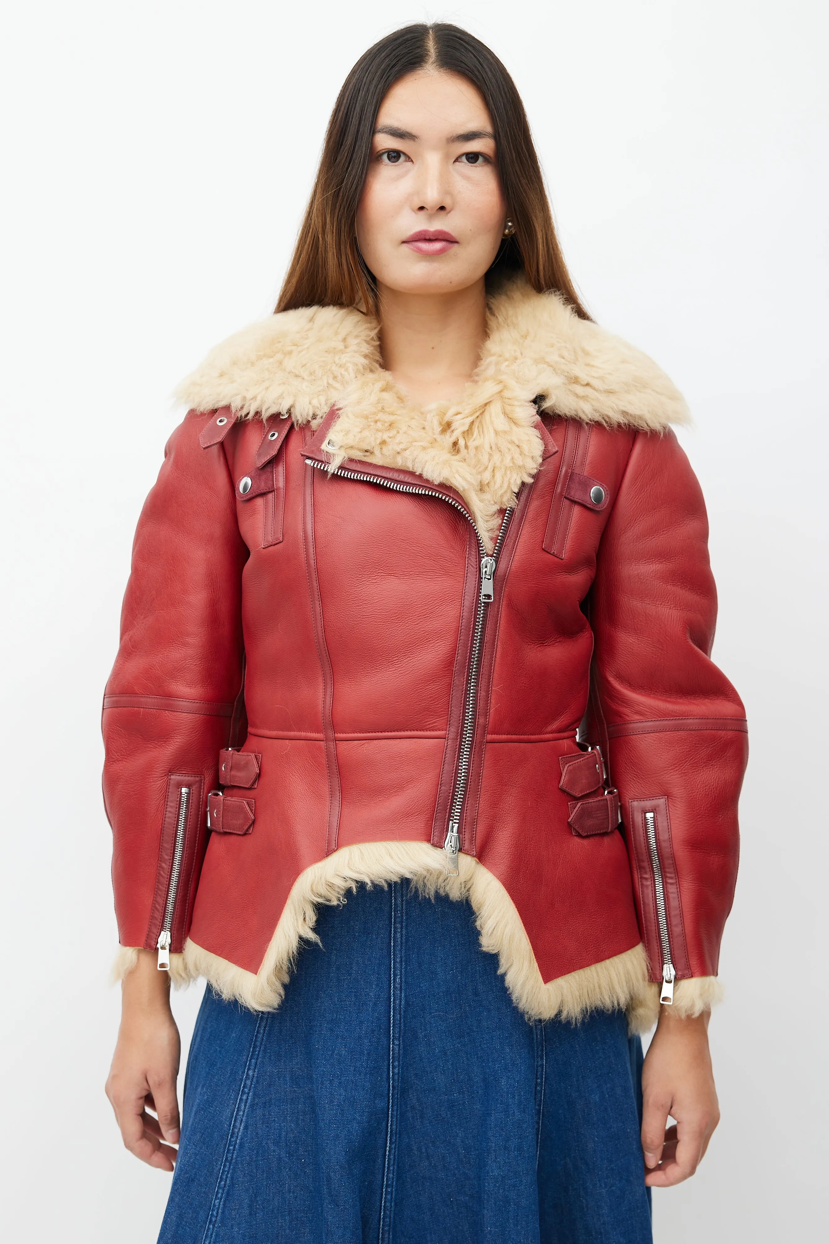 Red Leather & Shearling Biker Jacket