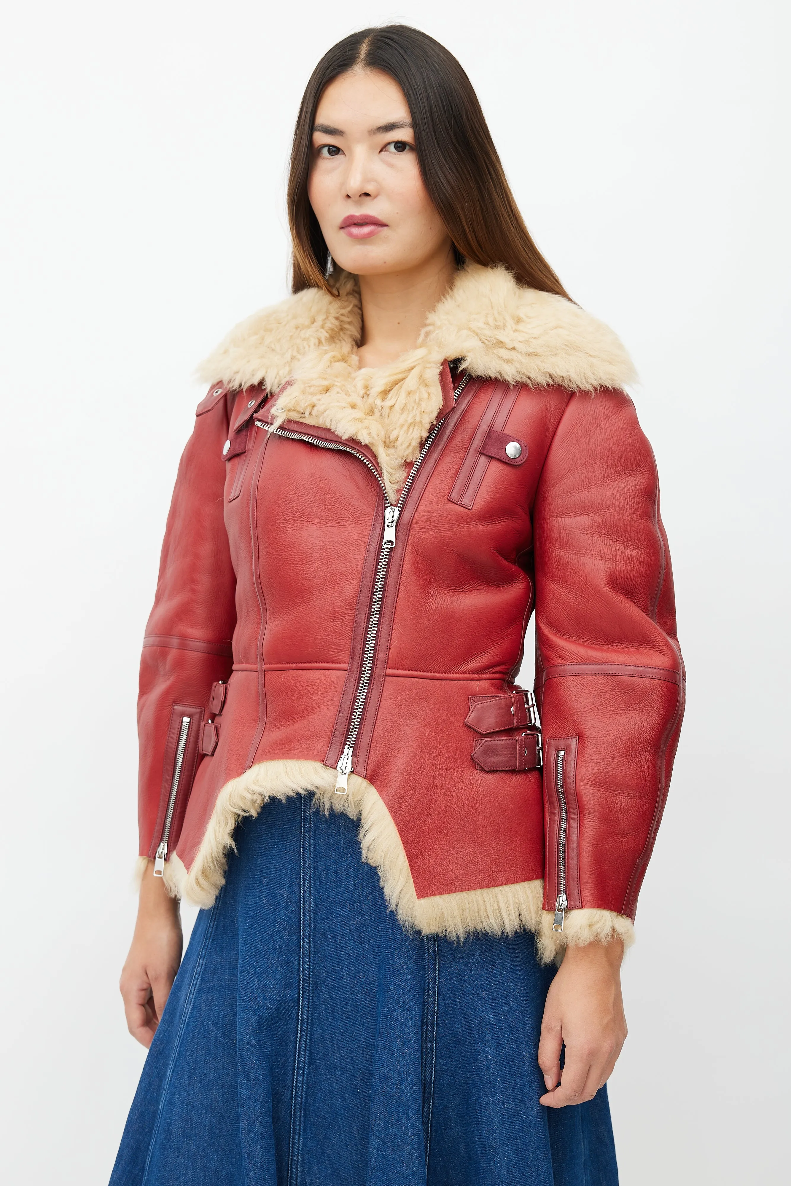 Red Leather & Shearling Biker Jacket