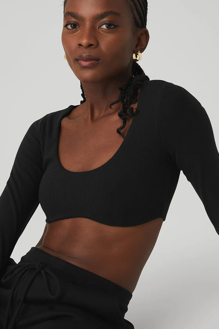 Ribbed Defined Long Sleeve Bra - Black