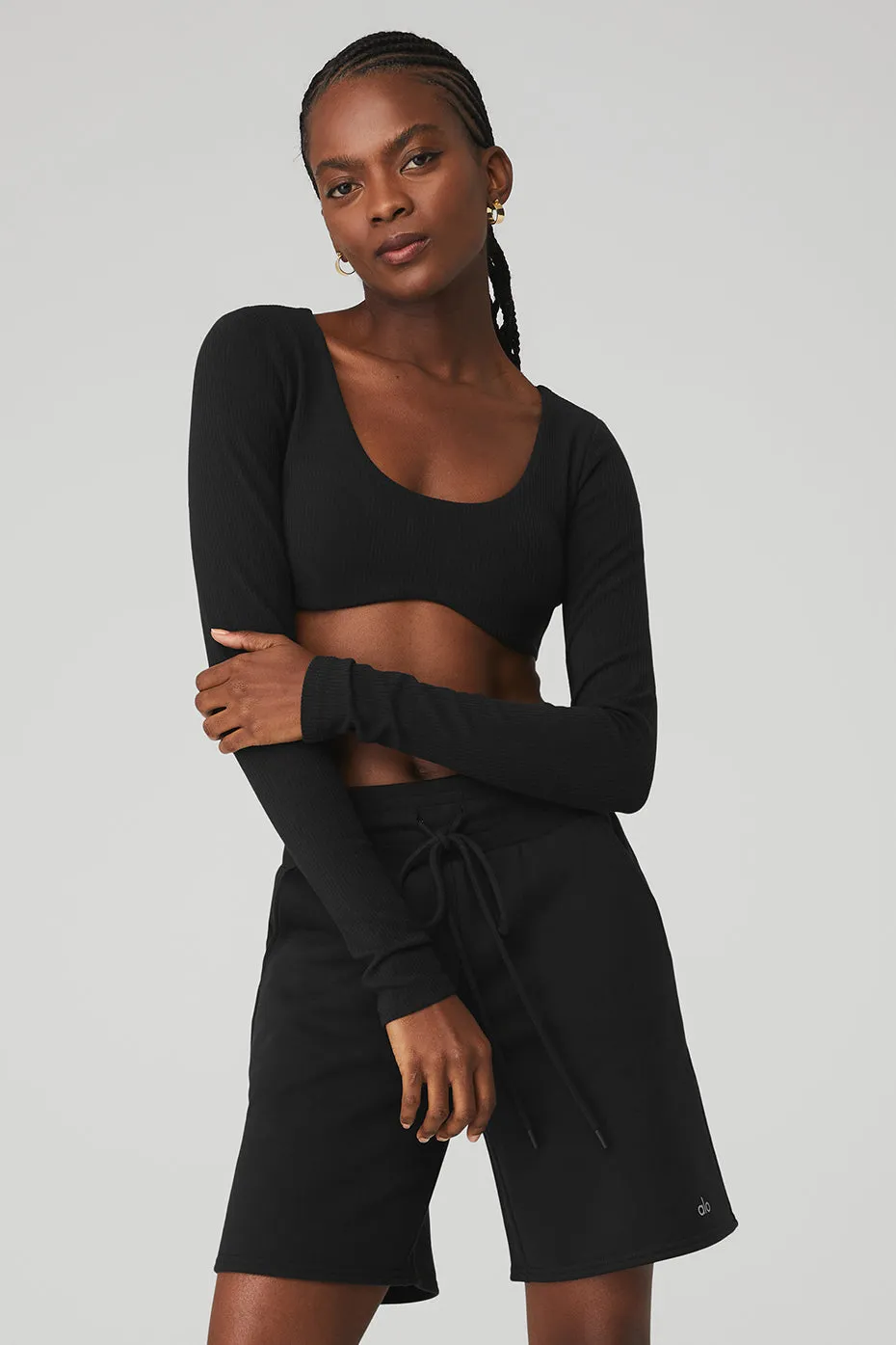 Ribbed Defined Long Sleeve Bra - Black