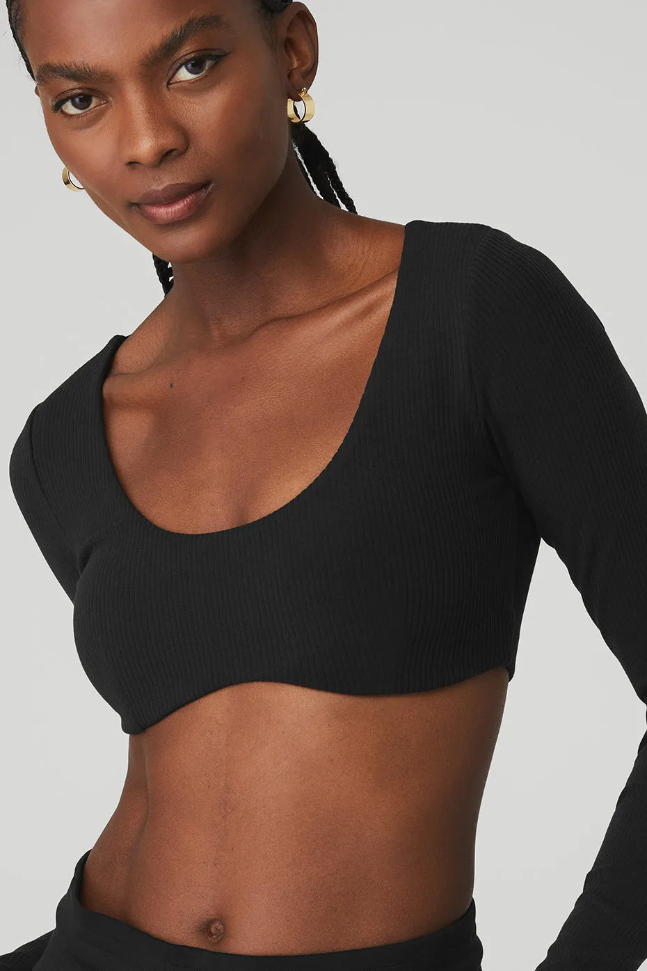 Ribbed Defined Long Sleeve Bra - Black