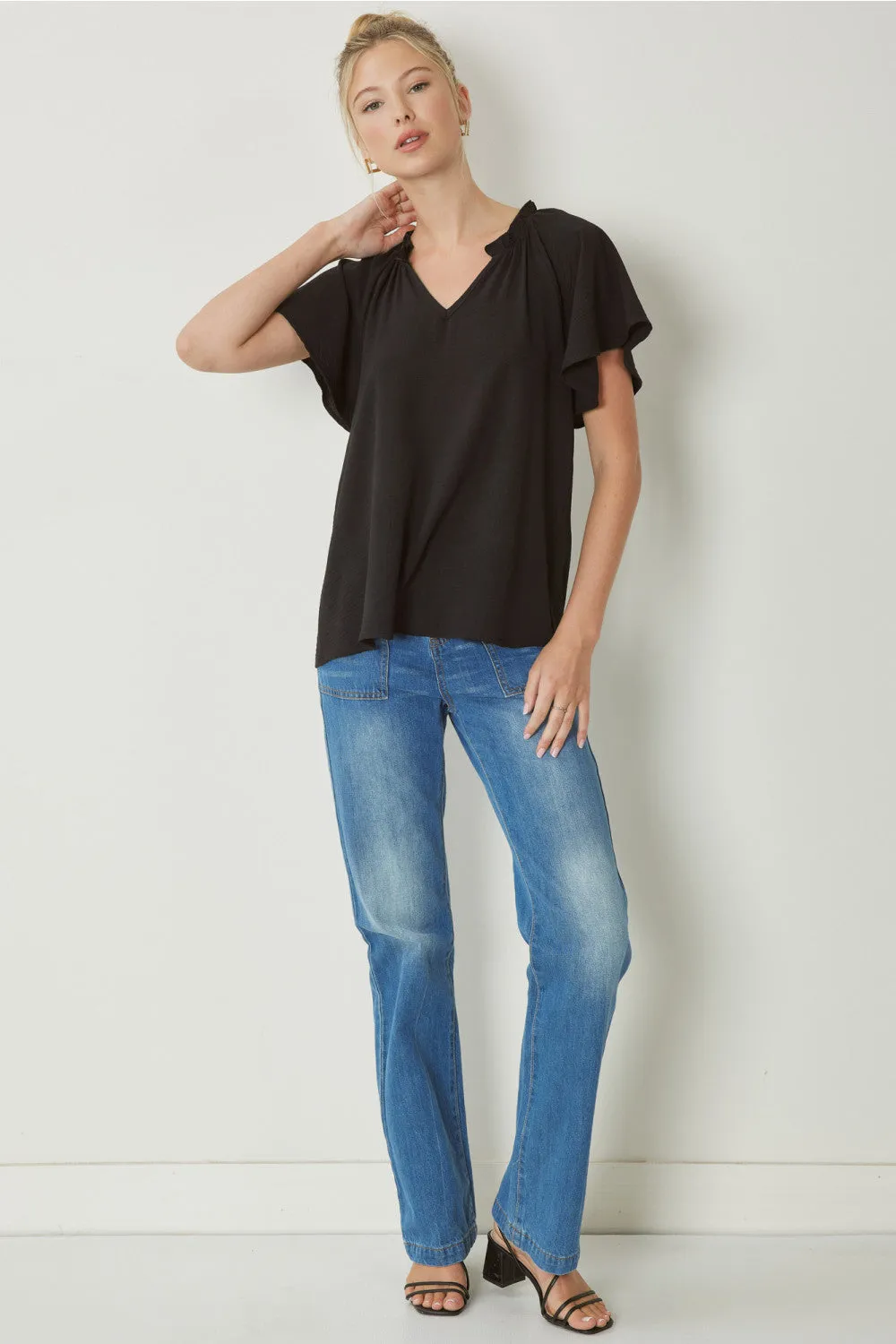 Ruffled Flutter Sleeve Blouse, Black