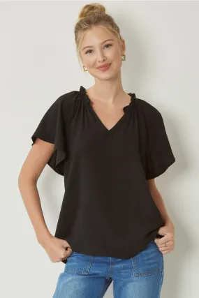 Ruffled Flutter Sleeve Blouse, Black