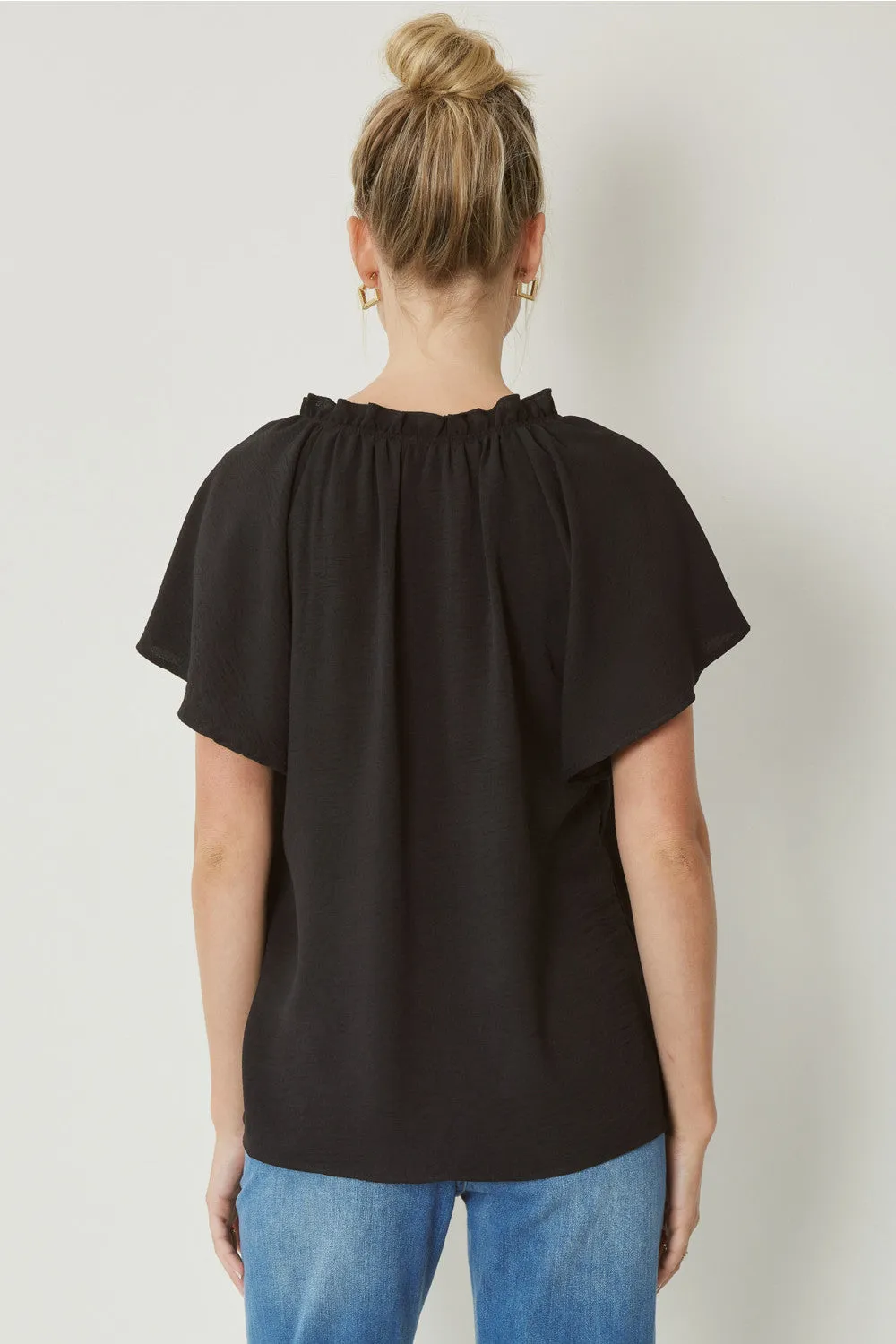 Ruffled Flutter Sleeve Blouse, Black