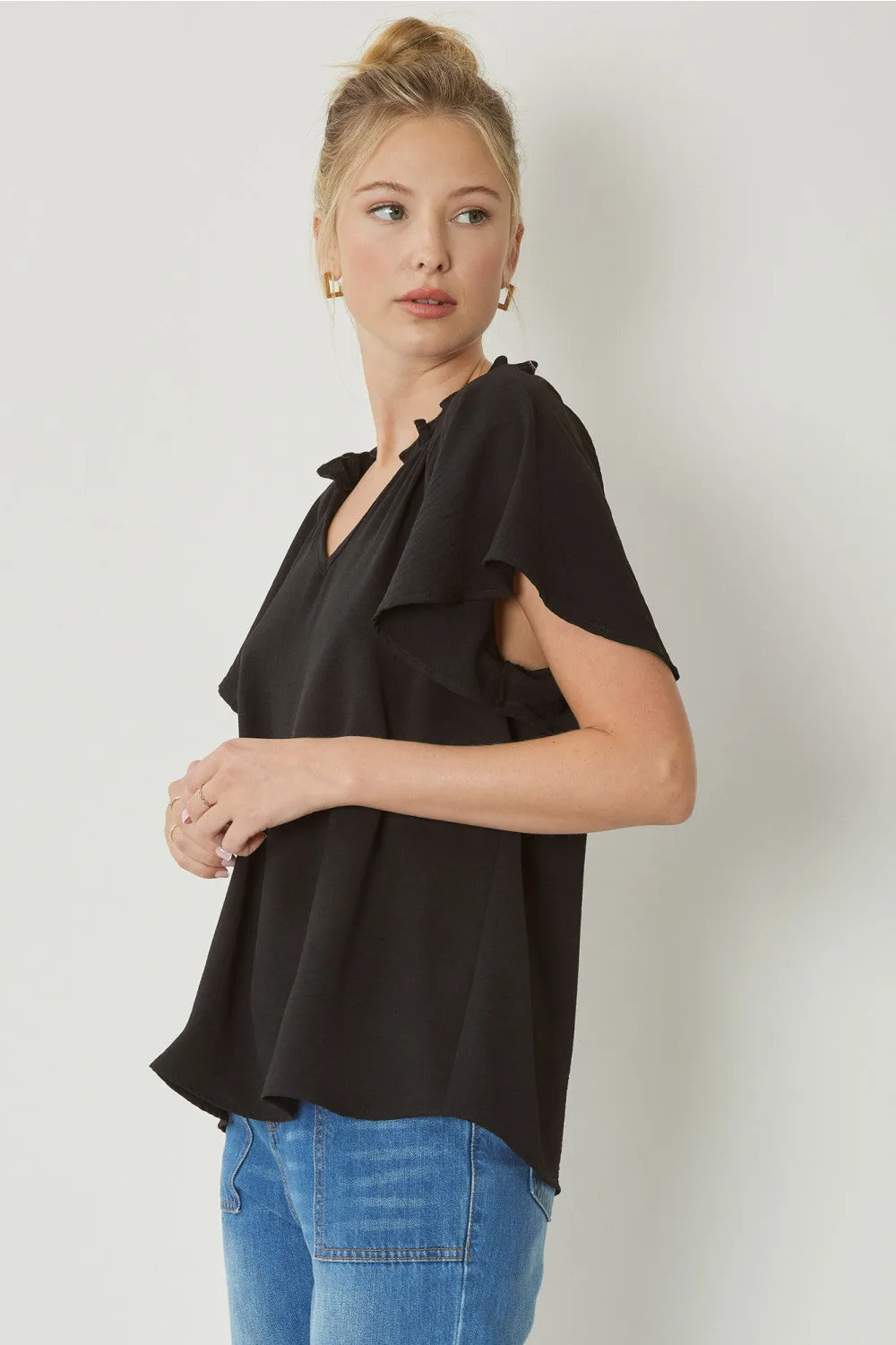 Ruffled Flutter Sleeve Blouse, Black