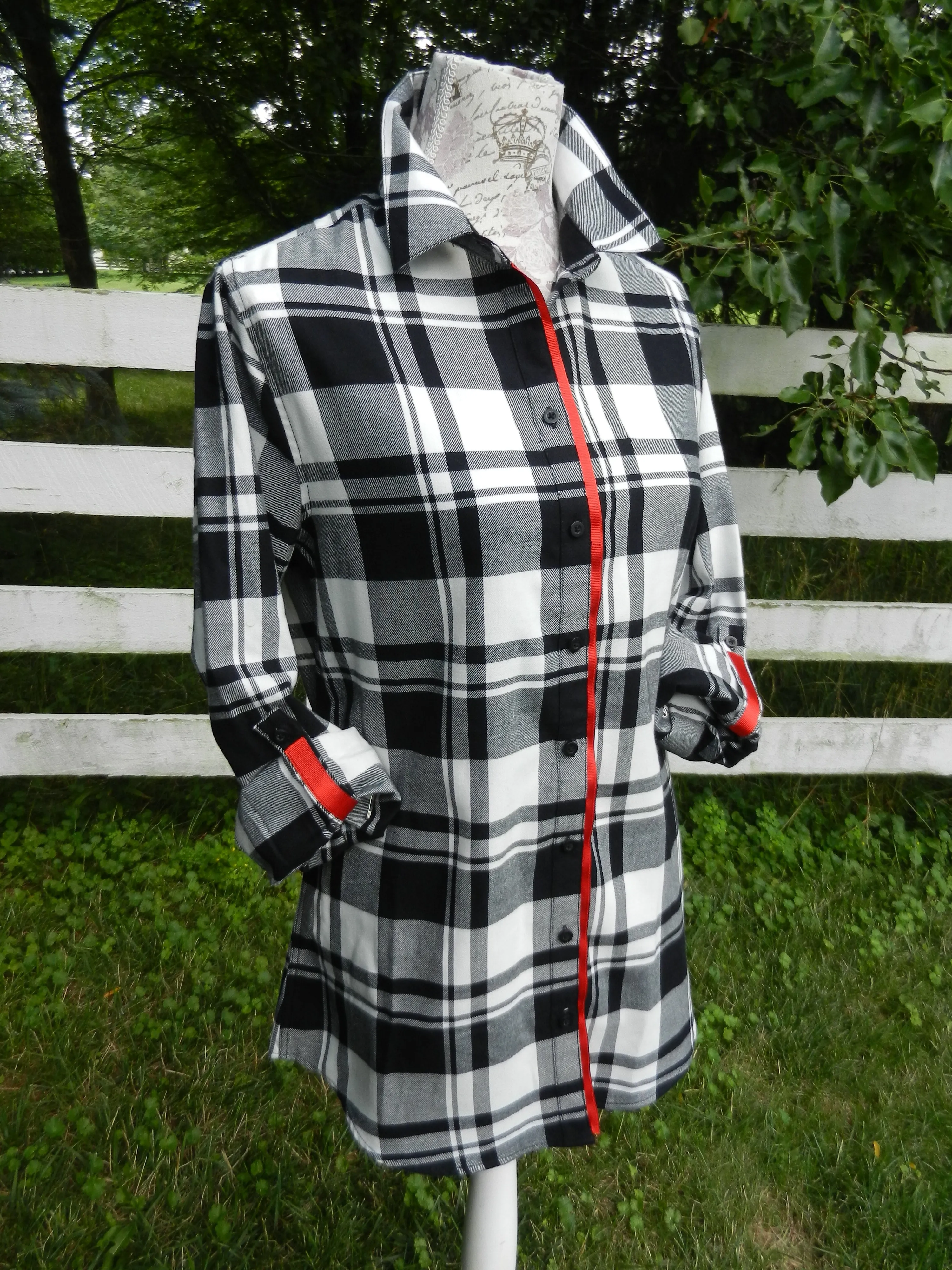 SALE - Saturday Tunic Black and White Plaid w Red Ribbon (Sat-Red) *FINAL SALE*