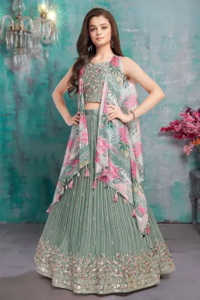 Sea Green Zari, Thread and Sequins work Overcoat Styled Lehenga Choli for Girls