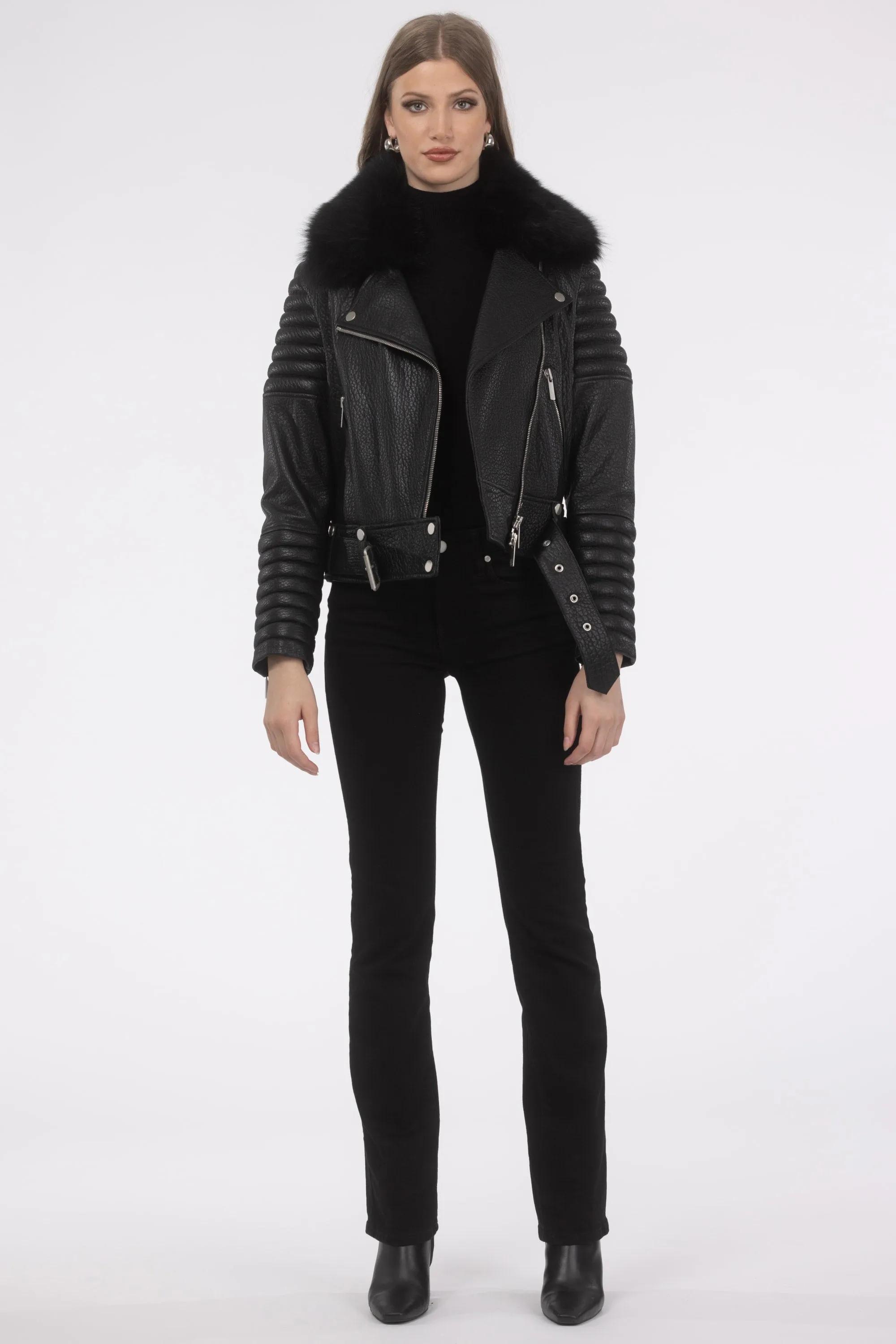 Select Lambskin Moto Zip Jacket with Detachable Toscana Shearling Lamb Collar