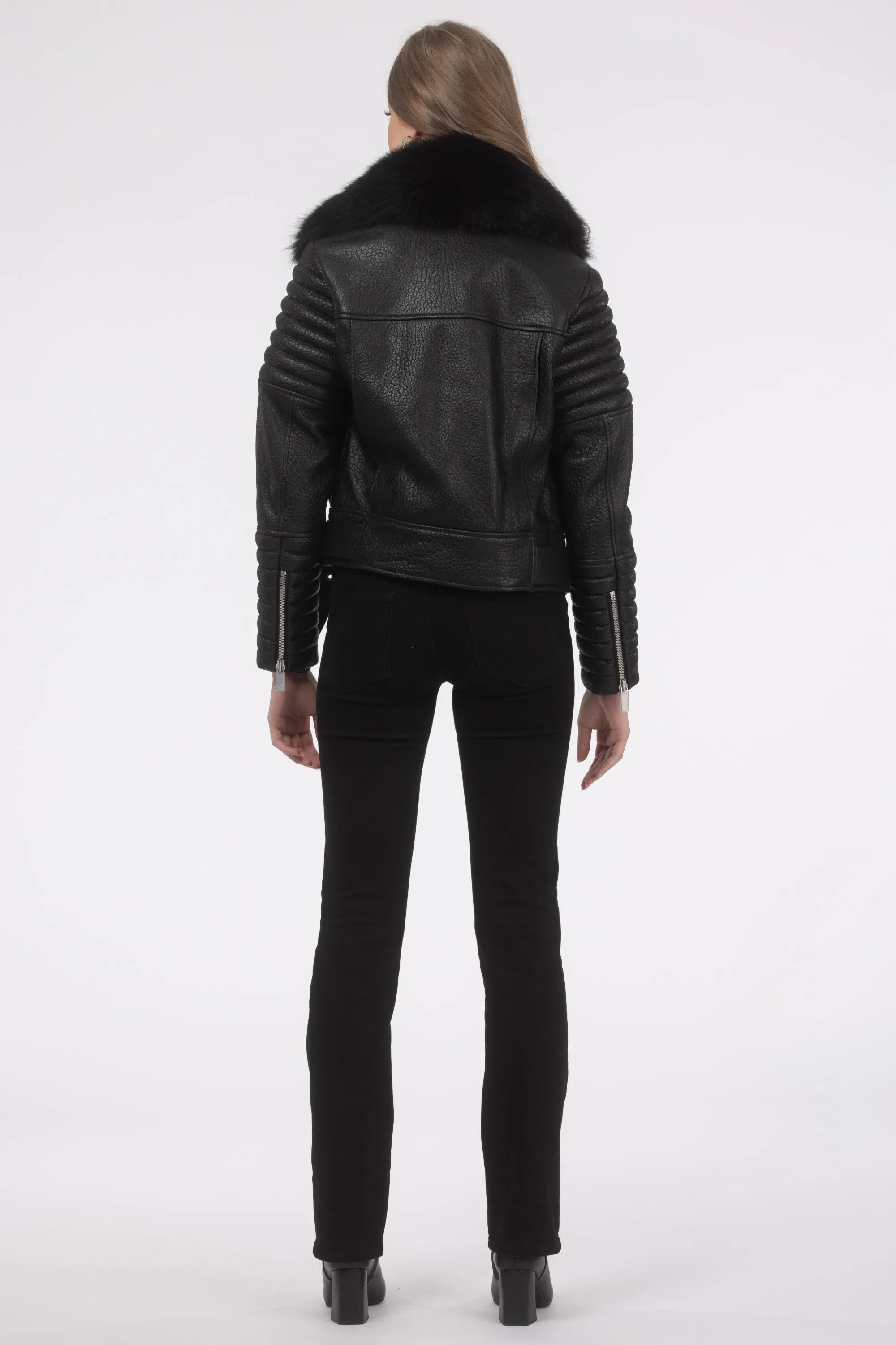 Select Lambskin Moto Zip Jacket with Detachable Toscana Shearling Lamb Collar