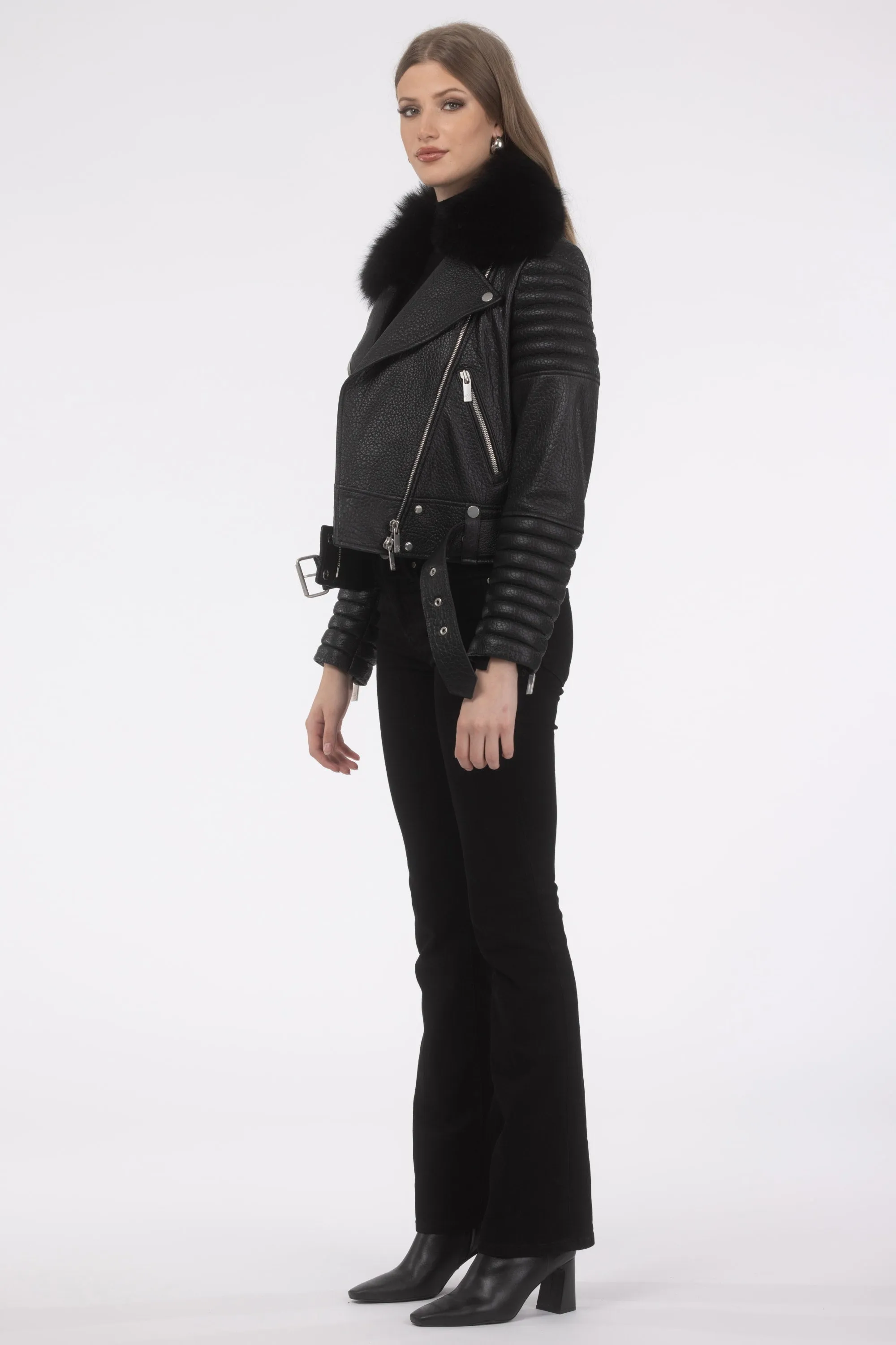 Select Lambskin Moto Zip Jacket with Detachable Toscana Shearling Lamb Collar