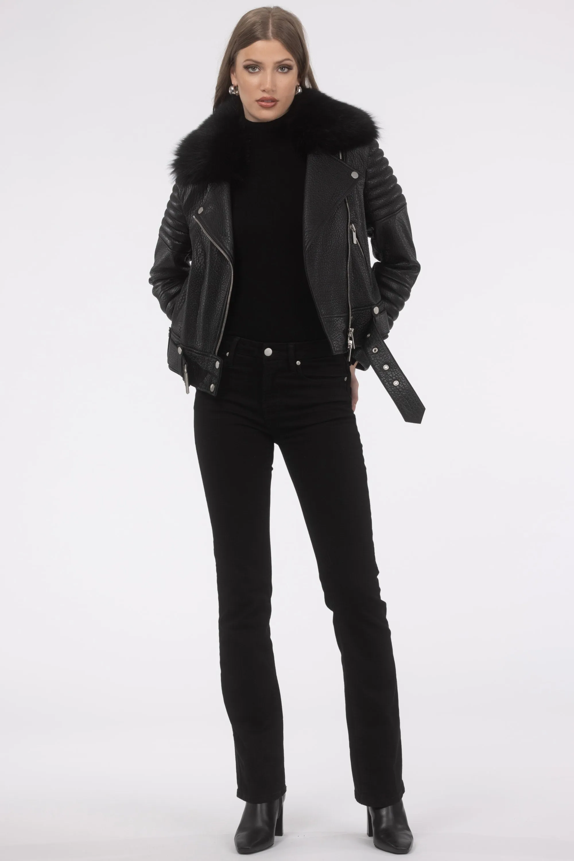 Select Lambskin Moto Zip Jacket with Detachable Toscana Shearling Lamb Collar