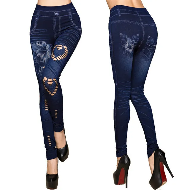 Sexy Hole Heart Printed Faux Denim Jeggings