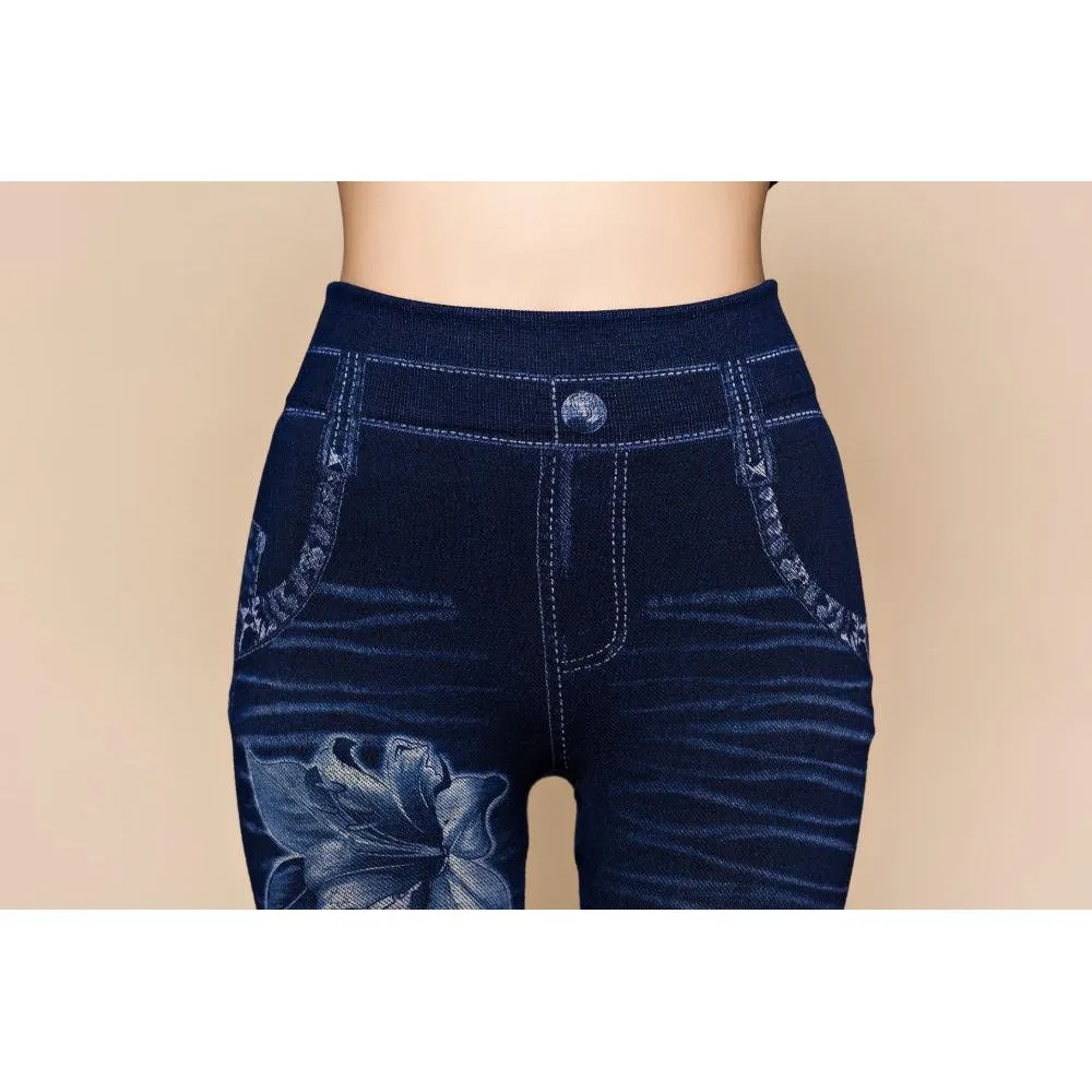 Sexy Hole Heart Printed Faux Denim Jeggings