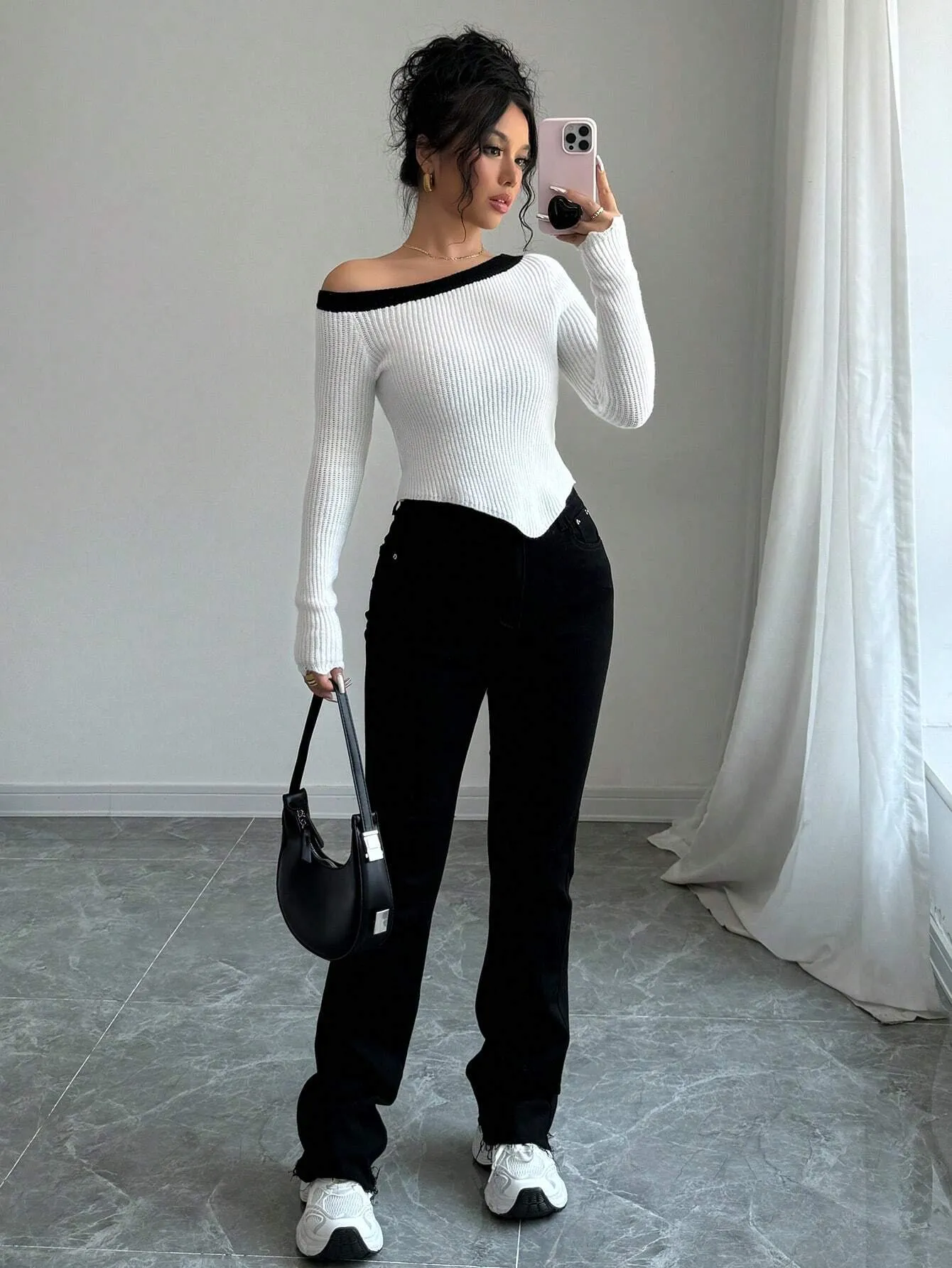 SHEIN Privé New Black & White Color Block Asymmetrical Neck Fitted Pullover Sweater