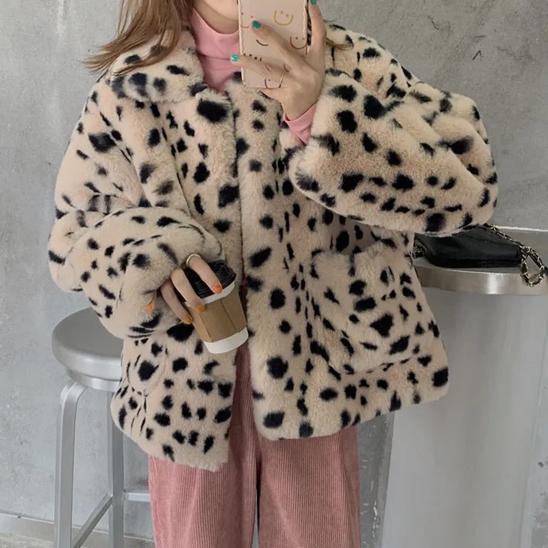 'Simone' Black and White Dalmatian Print Faux Fur Coat