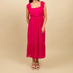 Smocked Maxi Dress with Ruffle Hem and Tie Detailing