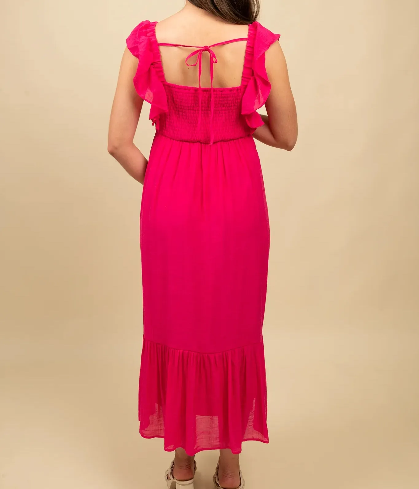 Smocked Maxi Dress with Ruffle Hem and Tie Detailing