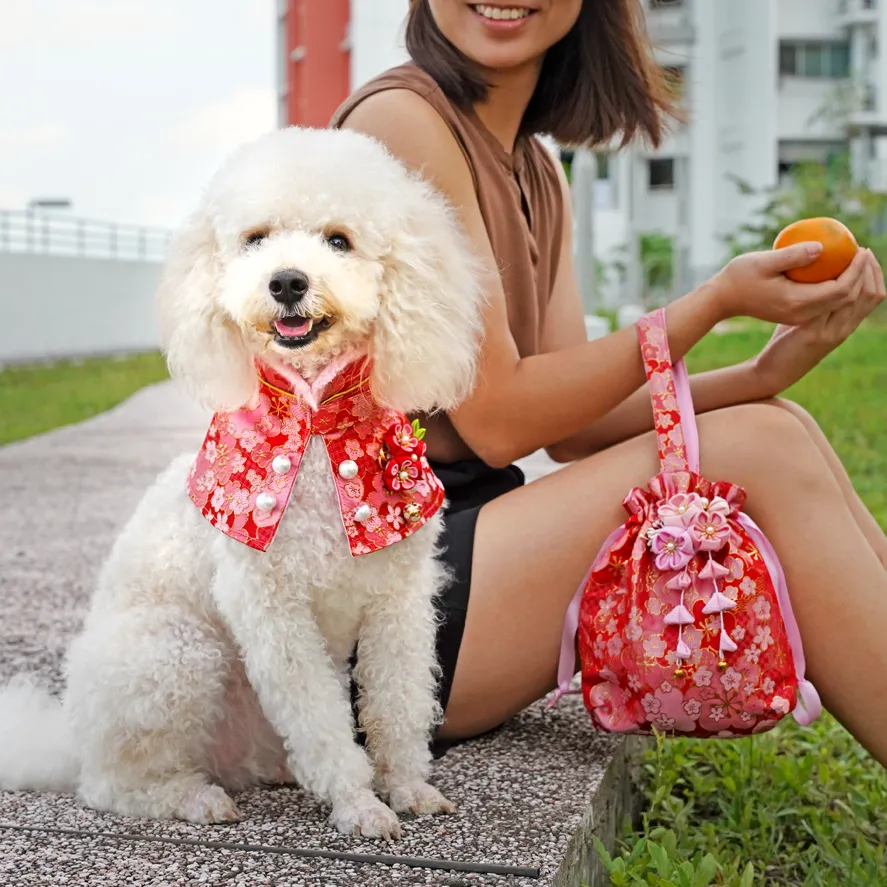 Spring Blossoms CNY Cape with Baby Pink Fur Trimmings