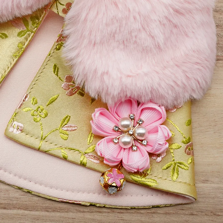 Spring Imperial Pink Gold Blossoms CNY Cape with Baby Pink Faux Fur Collar