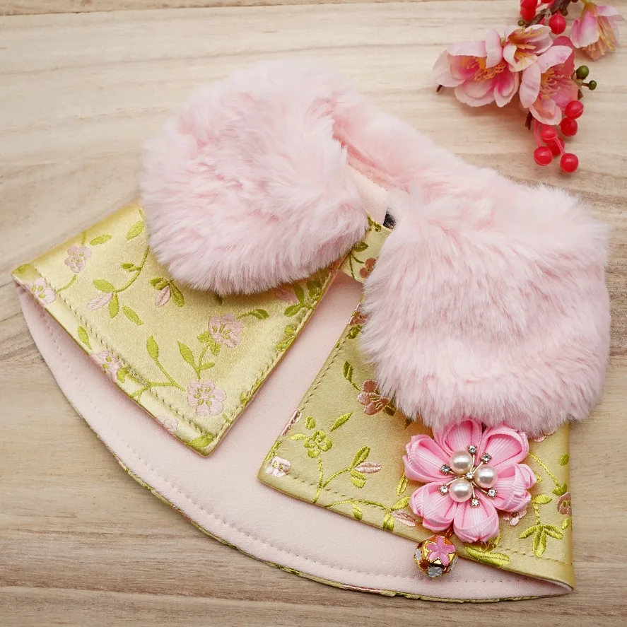 Spring Imperial Pink Gold Blossoms CNY Cape with Baby Pink Faux Fur Collar