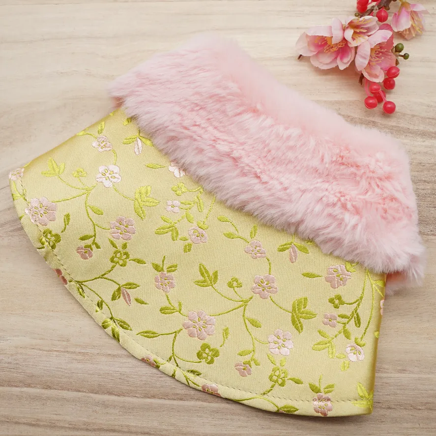 Spring Imperial Pink Gold Blossoms CNY Cape with Baby Pink Faux Fur Collar