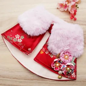 Spring Imperial Scarlet Blossoms CNY Cape with Baby Pink Faux Fur Collar