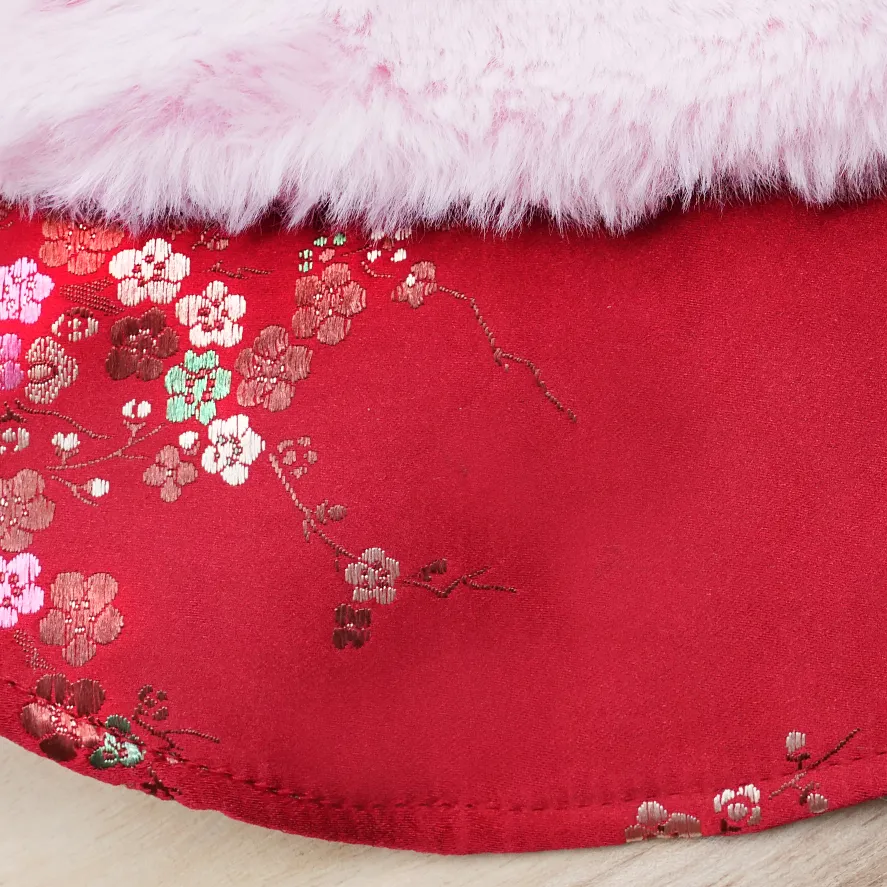 Spring Imperial Scarlet Blossoms CNY Cape with Baby Pink Faux Fur Collar