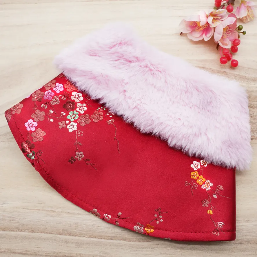 Spring Imperial Scarlet Blossoms CNY Cape with Baby Pink Faux Fur Collar