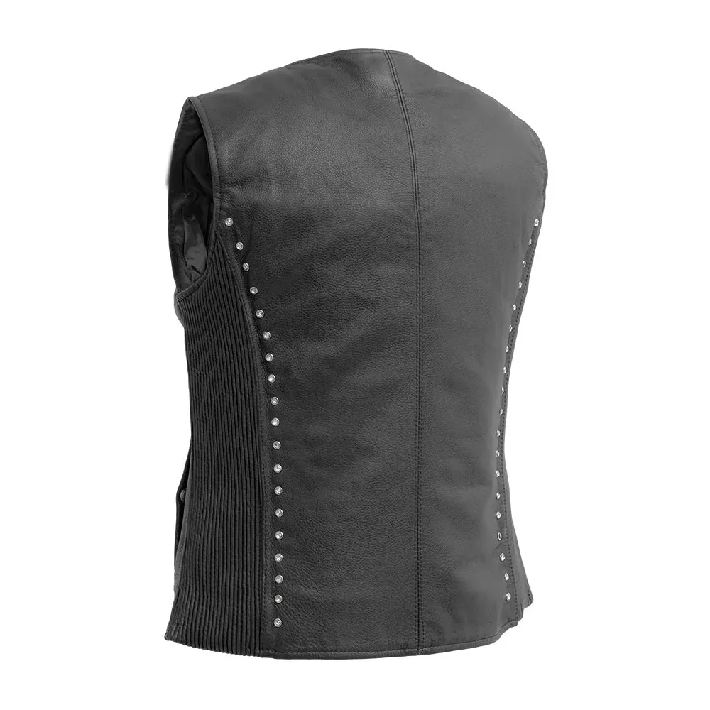 Studded HL14857Stud Black Women's Side stretch leather motorcycle vest