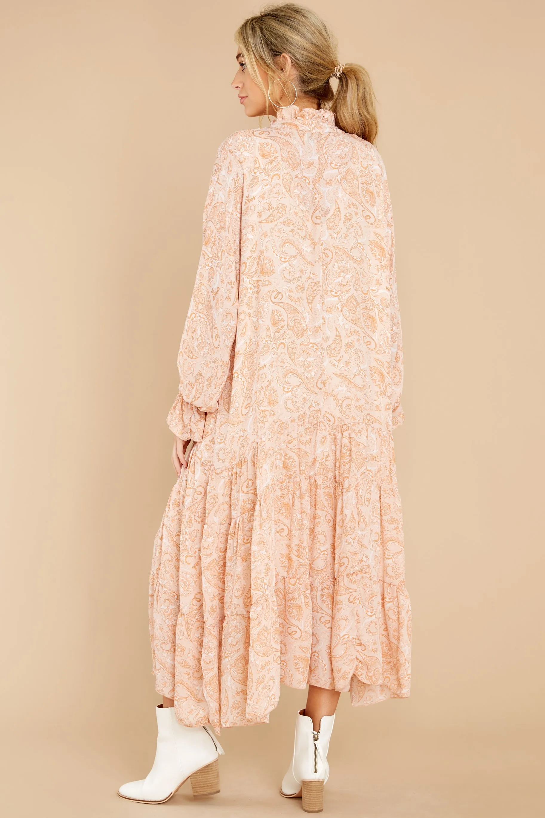 Sunset Whimsy Apricot Print Maxi Dress