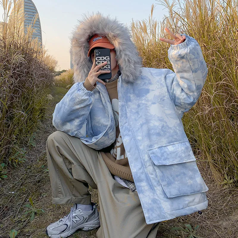 Tie-Dye Fur Collar Padded Jacket