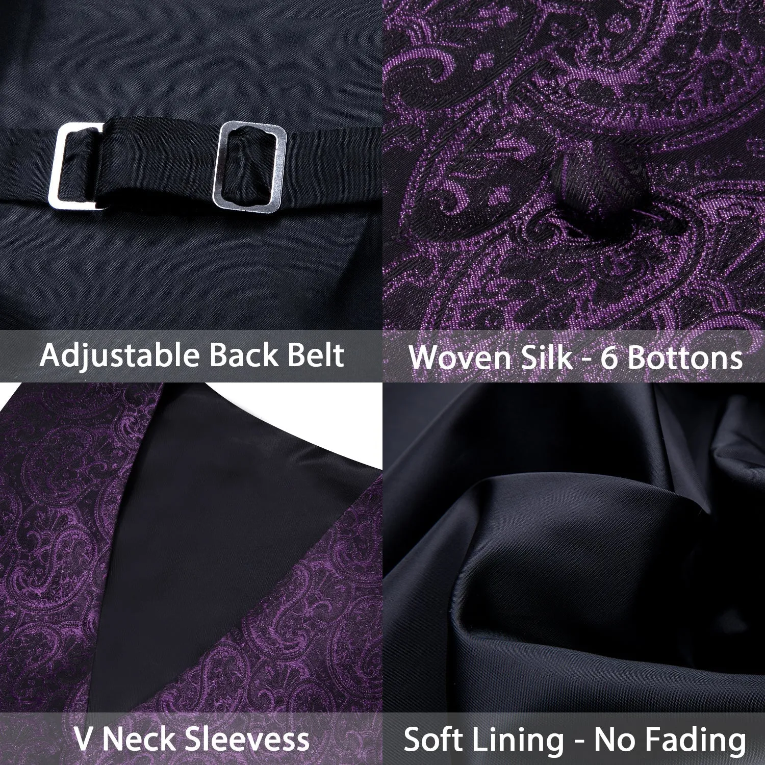 Ties2you Black Purple Paisley Silk Men's Vest Hanky Cufflinks Tie Set