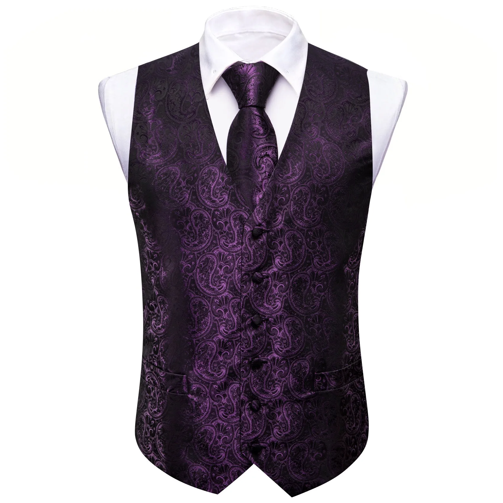 Ties2you Black Purple Paisley Silk Men's Vest Hanky Cufflinks Tie Set