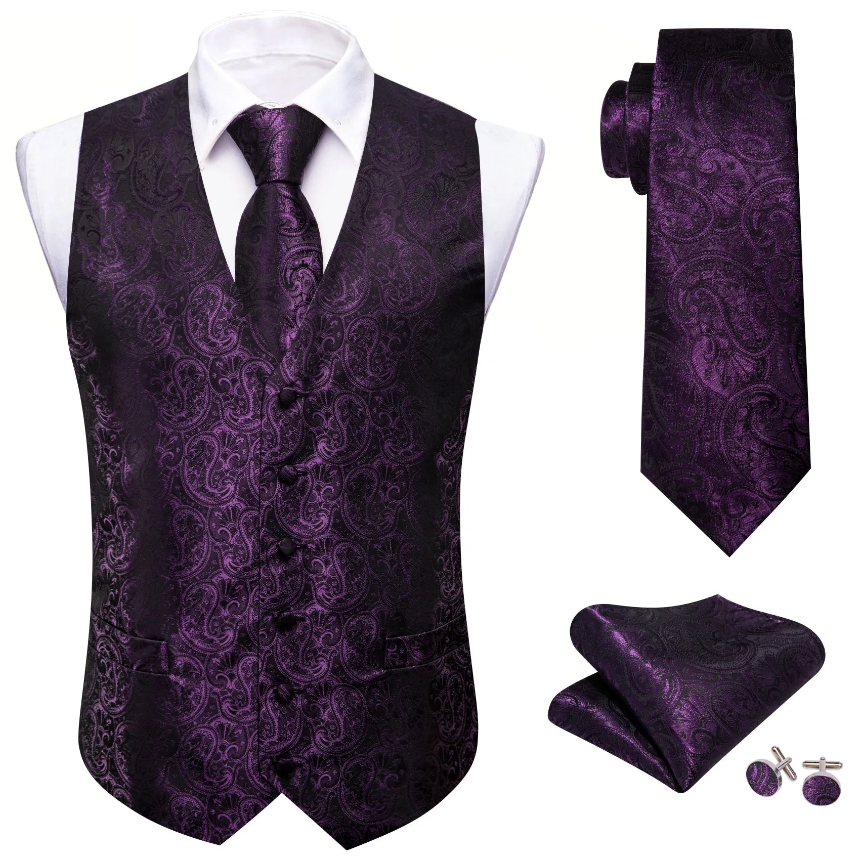 Ties2you Black Purple Paisley Silk Men's Vest Hanky Cufflinks Tie Set