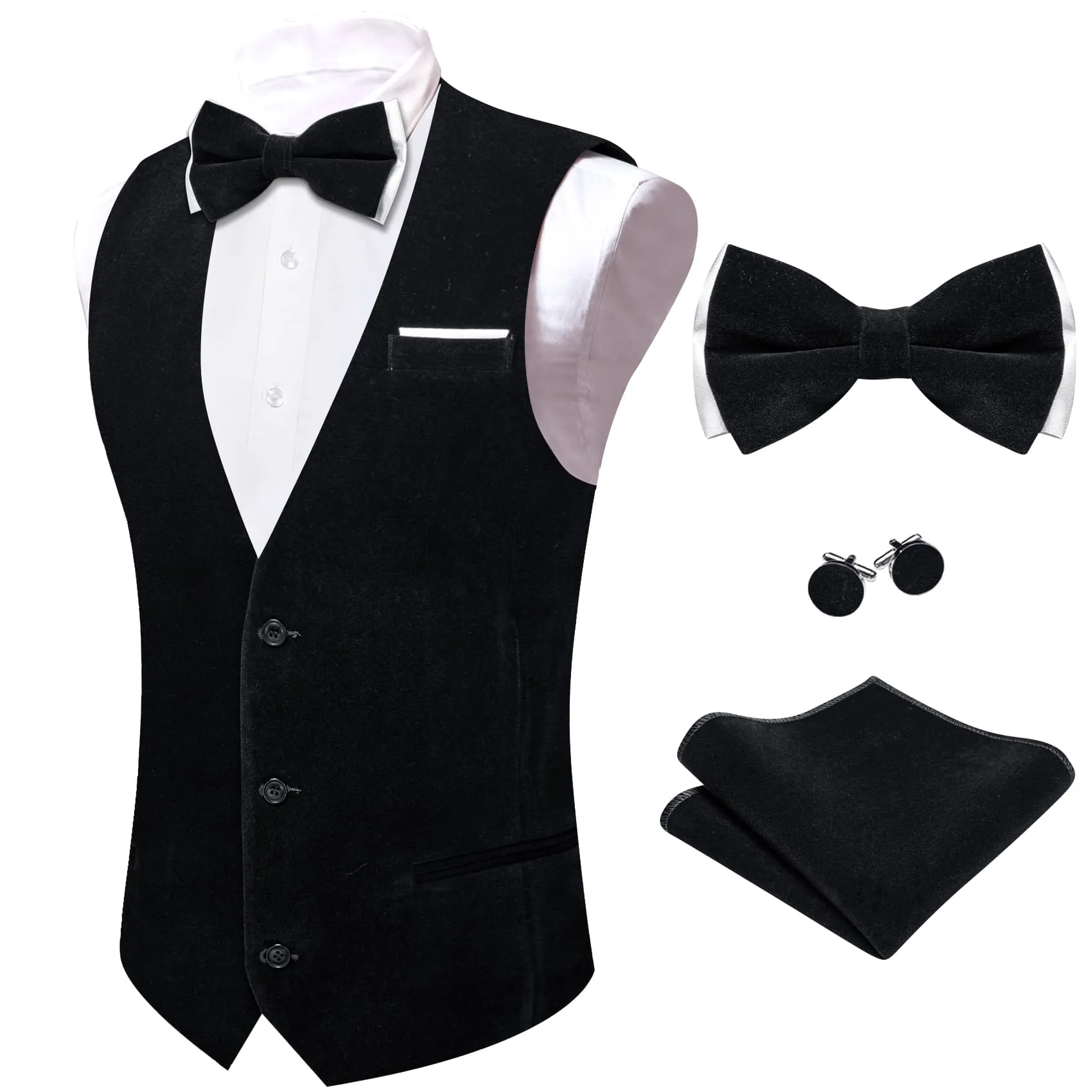 Ties2you Dress Vest Classic Black Solid V-Neck Mens Suede Leather Vest Waistcoat Bow Tie Set