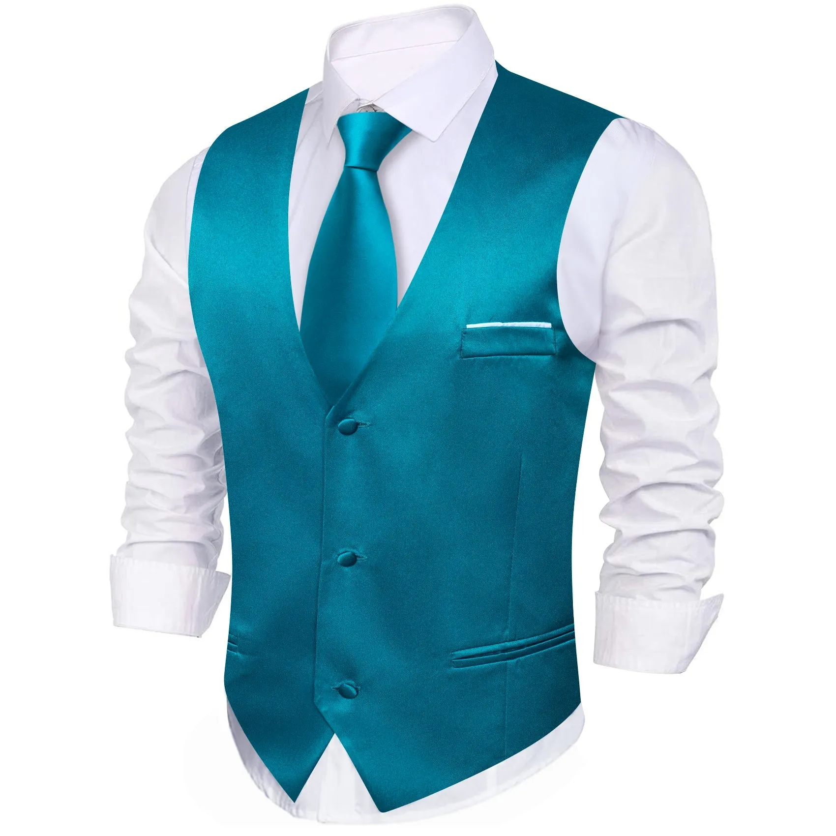 Ties2you Men's Work Vest Teal Blue Solid Satin V-Neck Business Vest for Men