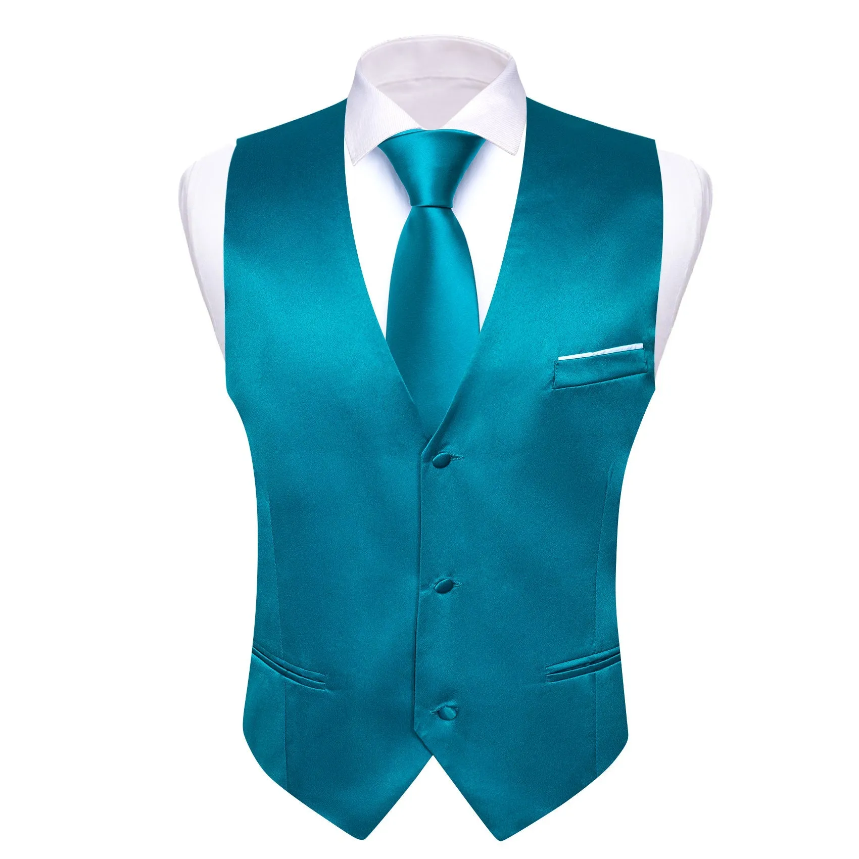 Ties2you Men's Work Vest Teal Blue Solid Satin V-Neck Business Vest for Men