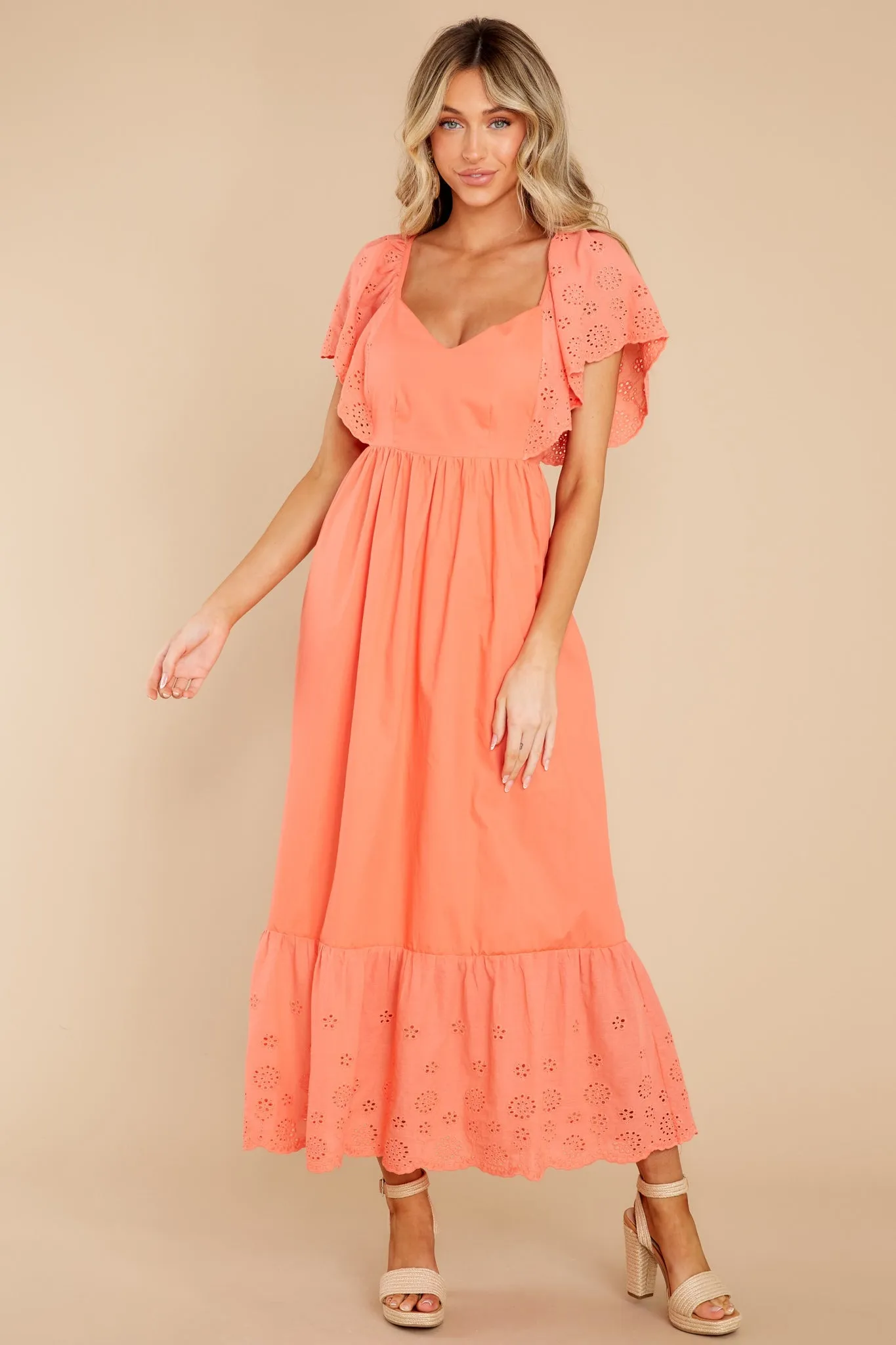 Unforgettable Moments Coral Eyelet Maxi Dress